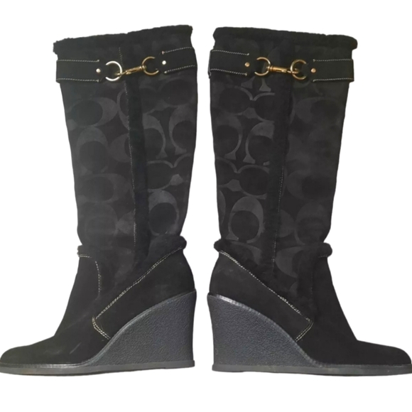 COACH Jonie Sz 9M Black Suede & Shearling Wedge Knee-High Monogram  Boots In EUC - Picture 2 of 6